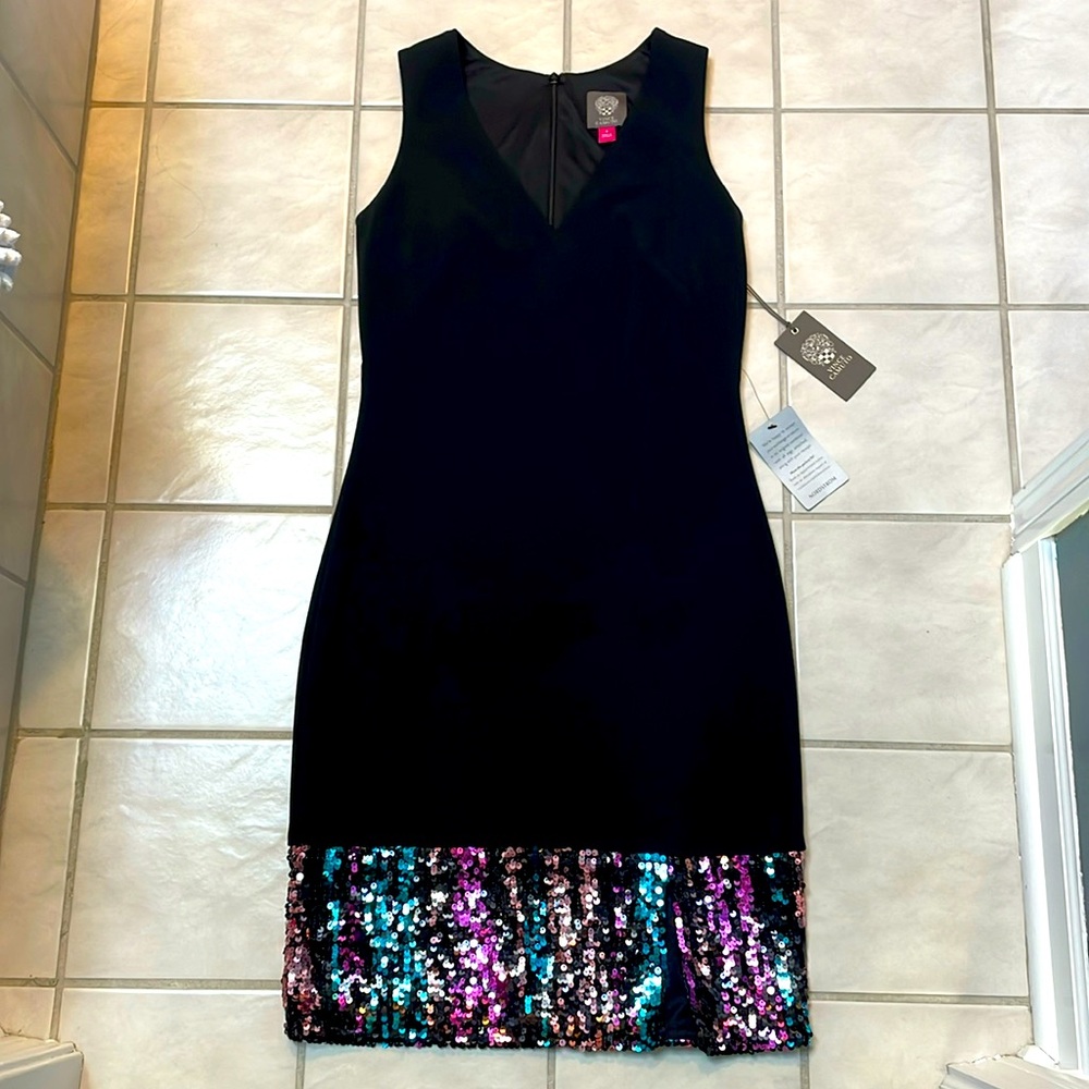 NWT Vince Camuto size 4 black dress with sequins at the bottom.